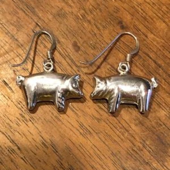 STERLING SILVER PIG DANGLE EARRINGS - Picture 2 of 2